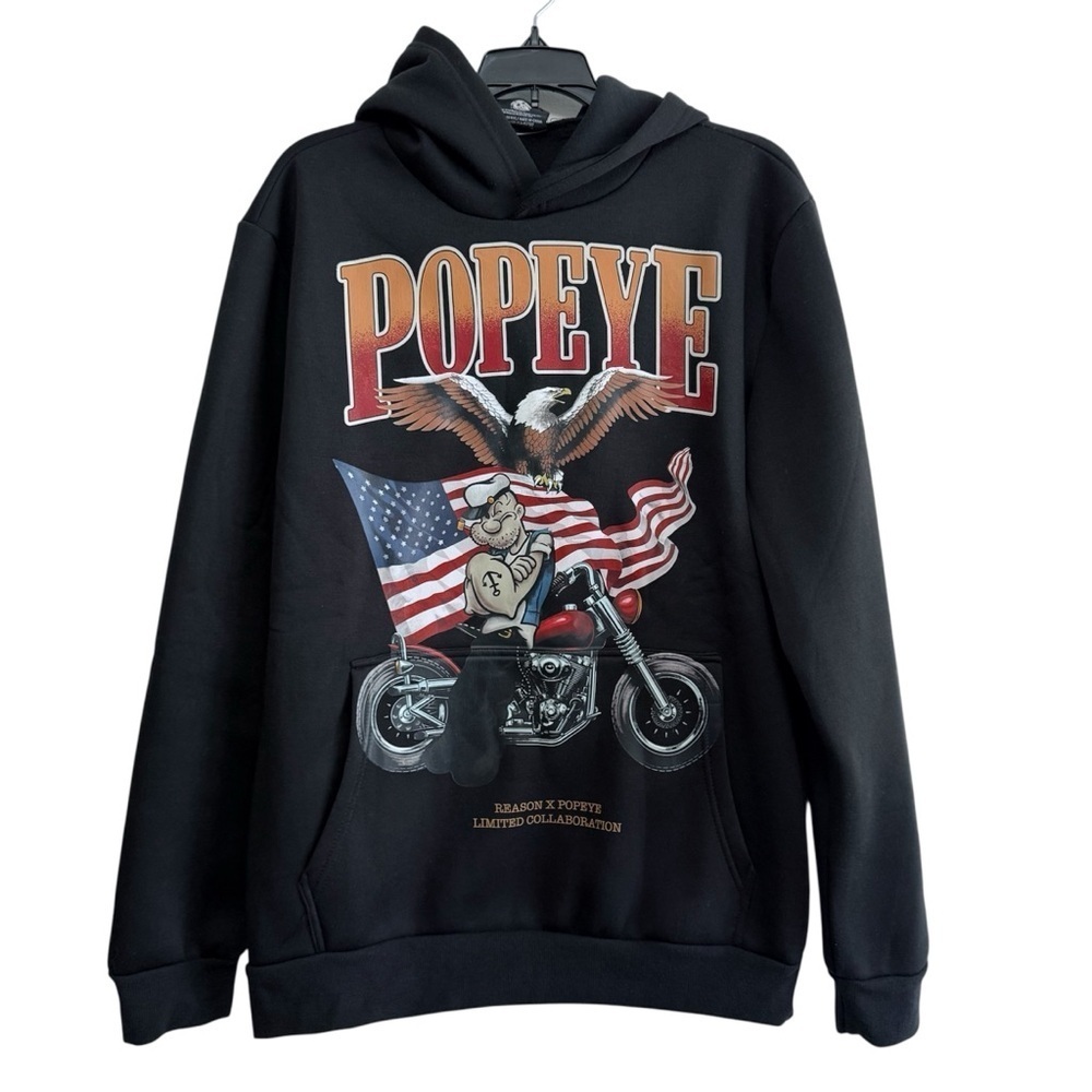 Reason Clothing x Popeye Limited Edition Biker Eagle Hoodie Black Medium